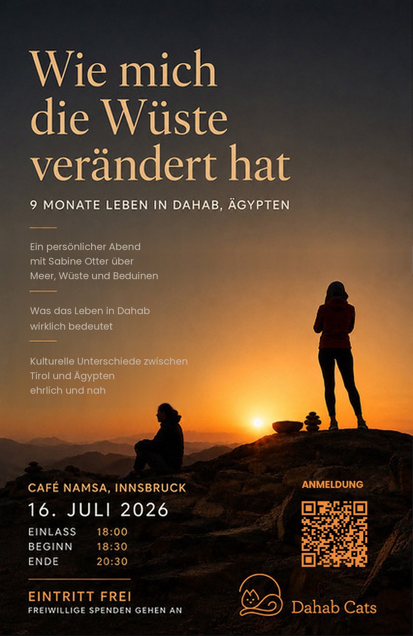 Einladungsflyer: Wie mich die Wüste verändert hat, ein Abend mit Sabine Otter im Café Namsa Innsbruck, 16. Juli 2026